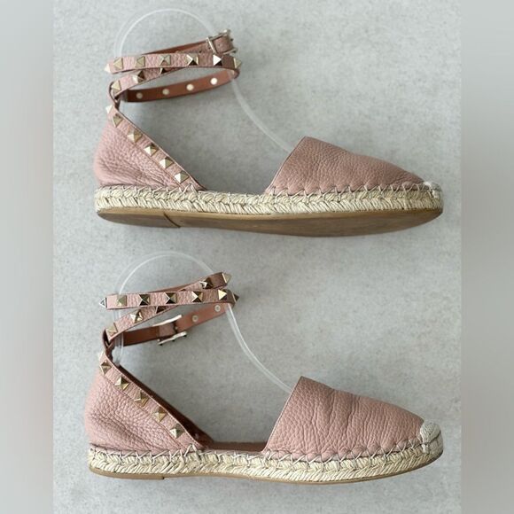 Valentino Garavani Rockstud Pink Leather Espadrille Ankle Wrap Flats Size 37 - Picture 10 of 13